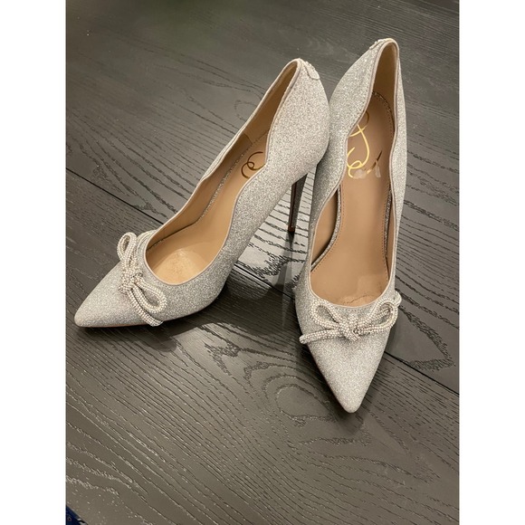 Sam Edelman Shoes - Sam Edelman Silver Glitter Pointed-Toe Bow Pumps